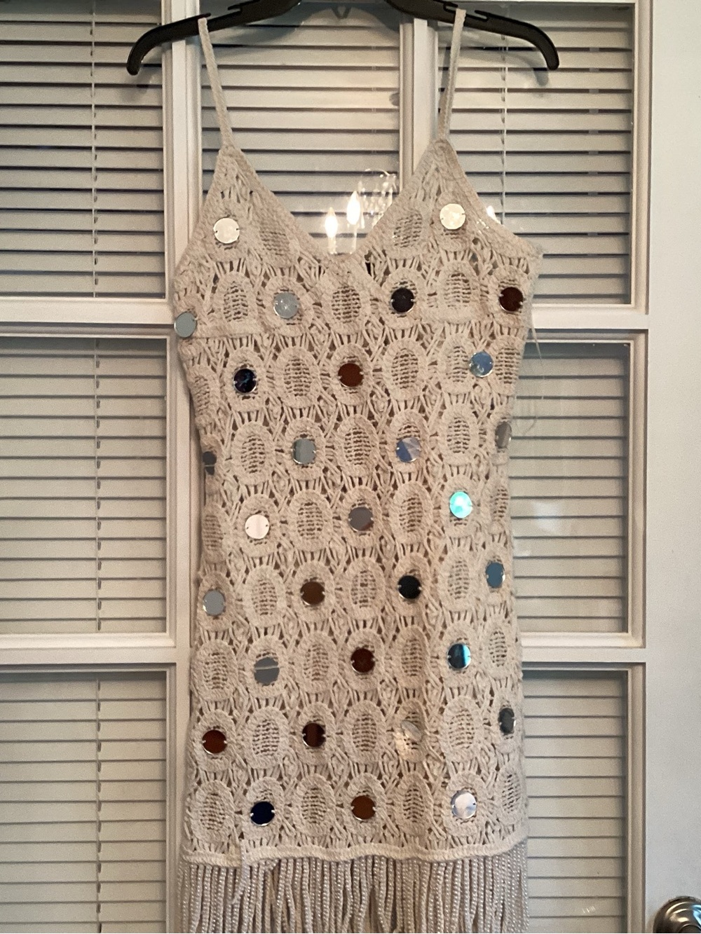Zara Cream Crochet Mini Dress with Silver Sequins